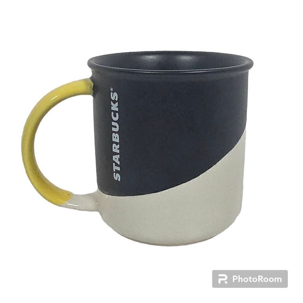 Starbucks  Matte Black White Angle Dipped Yellow Handle‎ Coffee Mug 12 oz 2017